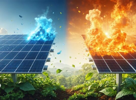 An illustrative side-by-side comparison of conventional toxic and emerging non-toxic solar panels, highlighting the environmental impact and sustainable benefits of new photovoltaic technologies.