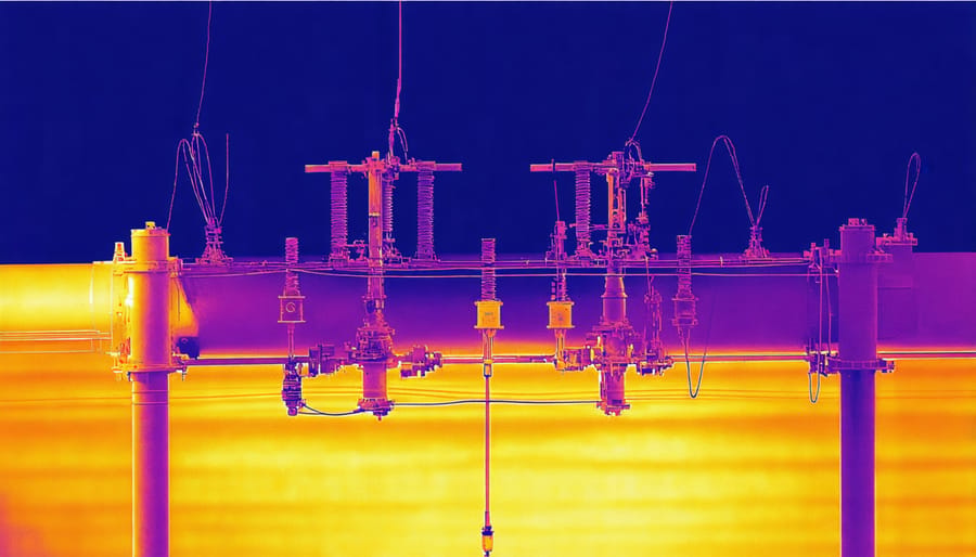 Infrared thermal image of solar power transmission equipment highlighting areas of energy loss