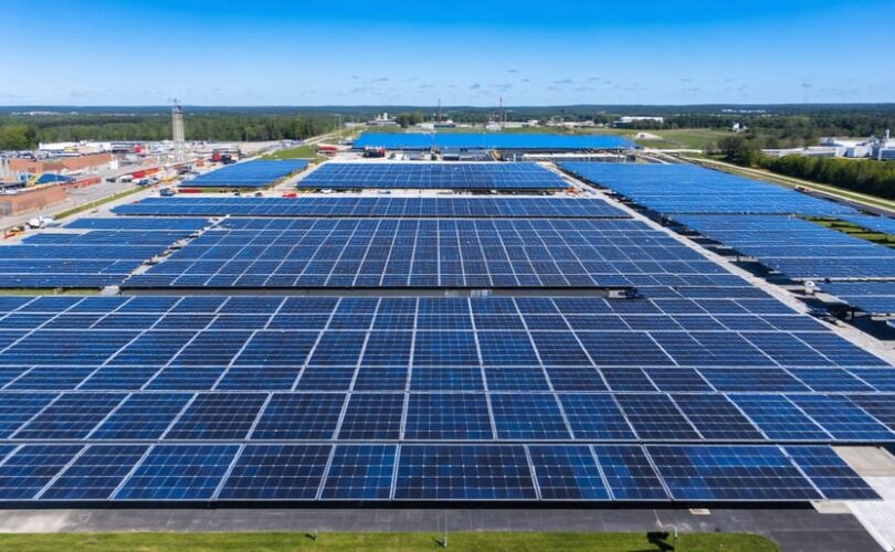 Conceptual representation of Virginia emerging as a solar manufacturing hub, with solar panels and industrial structures set against a backdrop of iconic Virginian landscapes.