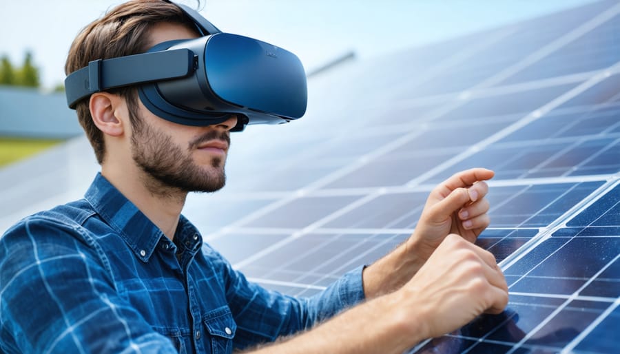 Student wearing VR headset while practicing virtual solar installation techniques