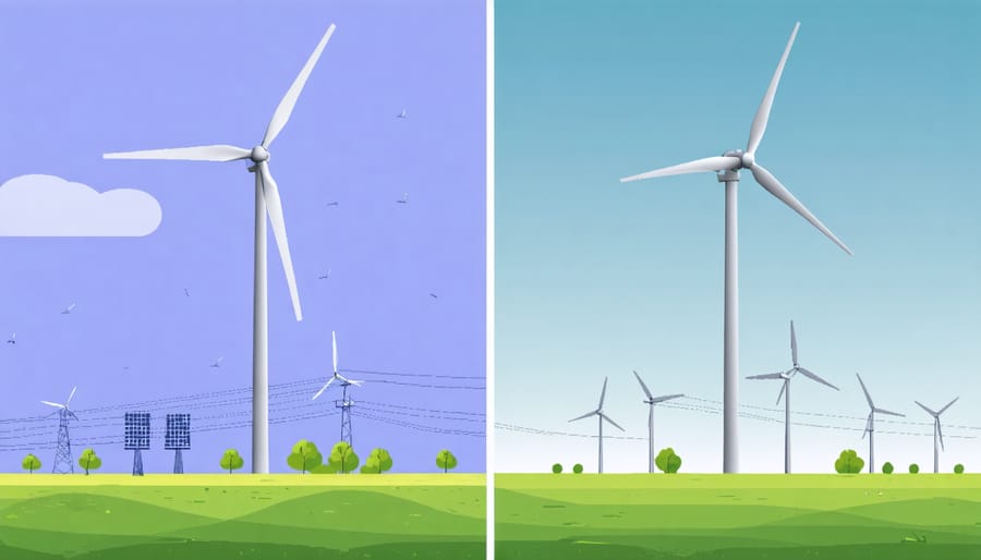 Comparison of large wind farm turbines and small-scale residential wind power systems