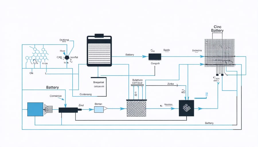 Cross-sectional diagram of zinc battery structure showing electrodes, electrolyte, and ion flow