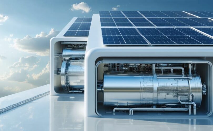 A modern building with sleek solar panels and a conceptually integrated zinc battery, representing innovative building-integrated solar power solutions in an urban setting.