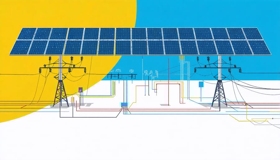 Illustration of smart city grid system with 6G-connected solar installations and power distribution network