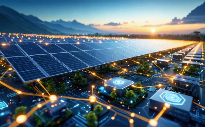 A futuristic digital representation of a solar farm interconnected with a glowing 6G network, illustrating real-time energy distribution and network optimization.