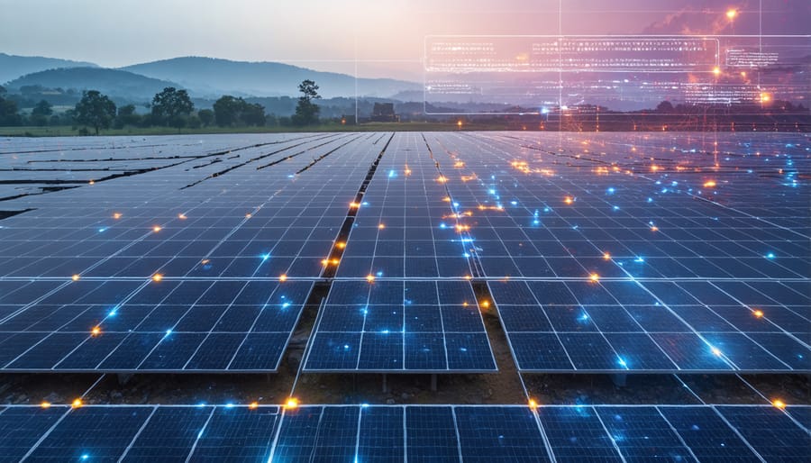 3D rendering of smart solar installation showing 6G connectivity and data monitoring systems