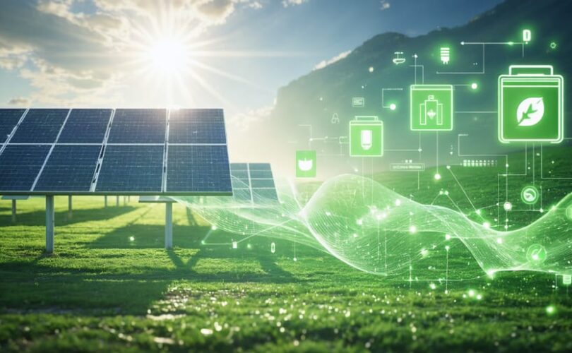 An illustration depicting the connection between solar panels and 6V solar batteries, showcasing the transition from solar energy to stored power with lead-acid and lithium battery designs, surrounded by symbols of sustainability.