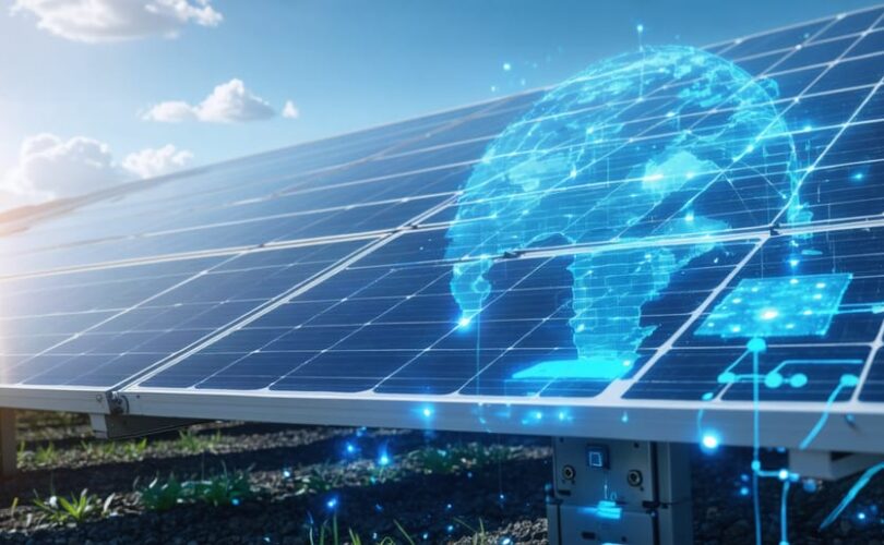 Futuristic interface displaying real-time analytics and maintenance alerts for solar panels, illustrating AI-powered monitoring and optimization in solar PV systems.