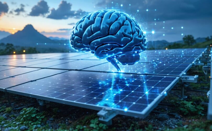 Conceptual illustration of AI-driven technology enhancing solar panel performance through visible digital networks and neural pathways connecting panels.