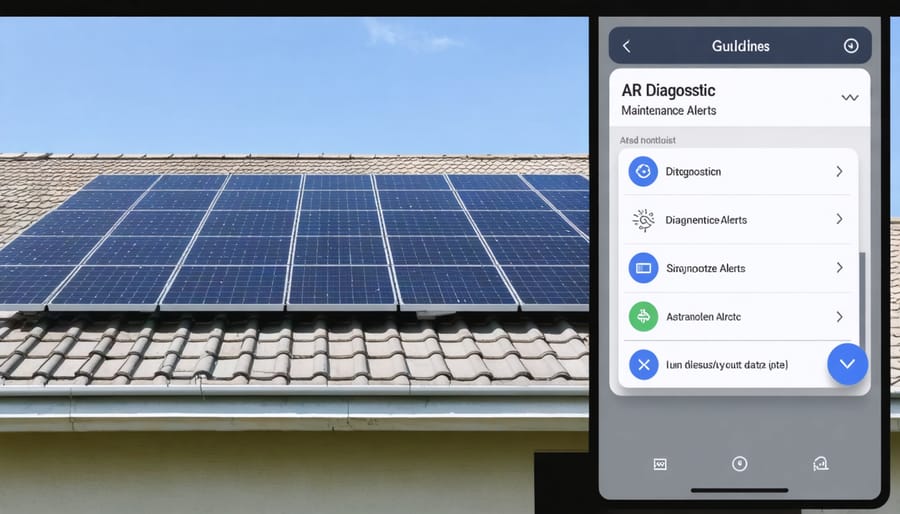 Comparison view of physical solar panels and AR maintenance interface displaying system alerts and metrics