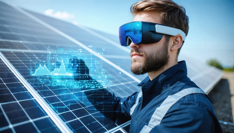Solar technician using AR headset to analyze solar panel performance with real-time data visualization