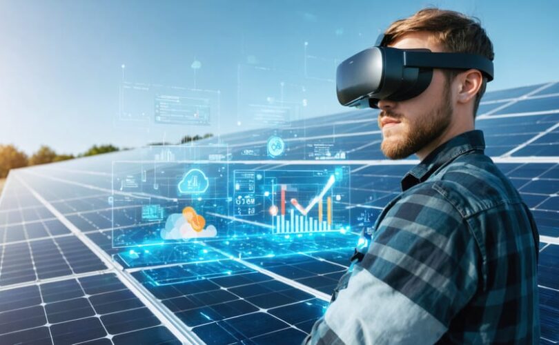 A solar technician equipped with AR glasses examines solar panels with digital data overlays displaying real-time performance metrics and diagnostics.