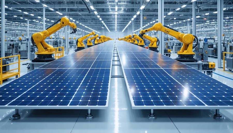 High-tech production line showing robots assembling solar panels