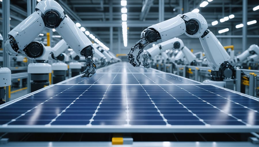 Industrial robots placing and aligning solar cells during panel assembly