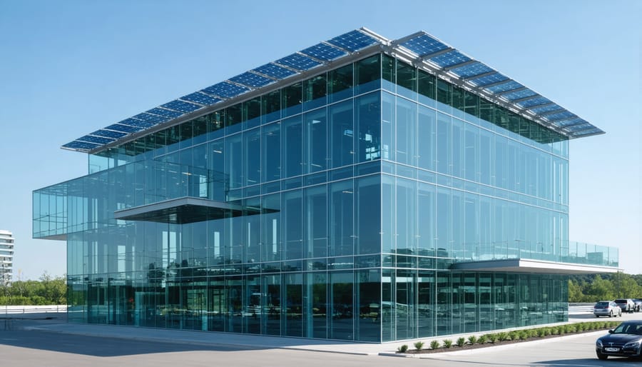 Office building with solar glass facade demonstrating building-integrated photovoltaics