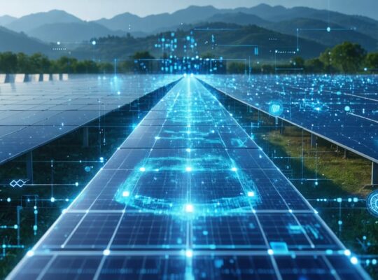 A futuristic solar farm connected through a digital network grid, representing the integration of blockchain technology in securing solar PV system data.