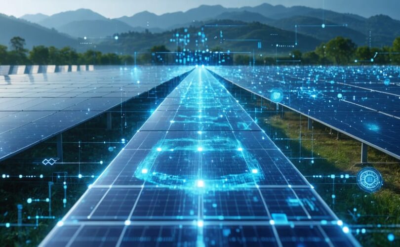 A futuristic solar farm connected through a digital network grid, representing the integration of blockchain technology in securing solar PV system data.