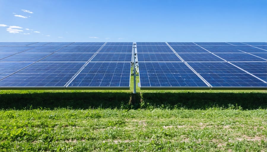 Split image showing unused land transformed into a thriving community solar installation with people gathering for an educational event