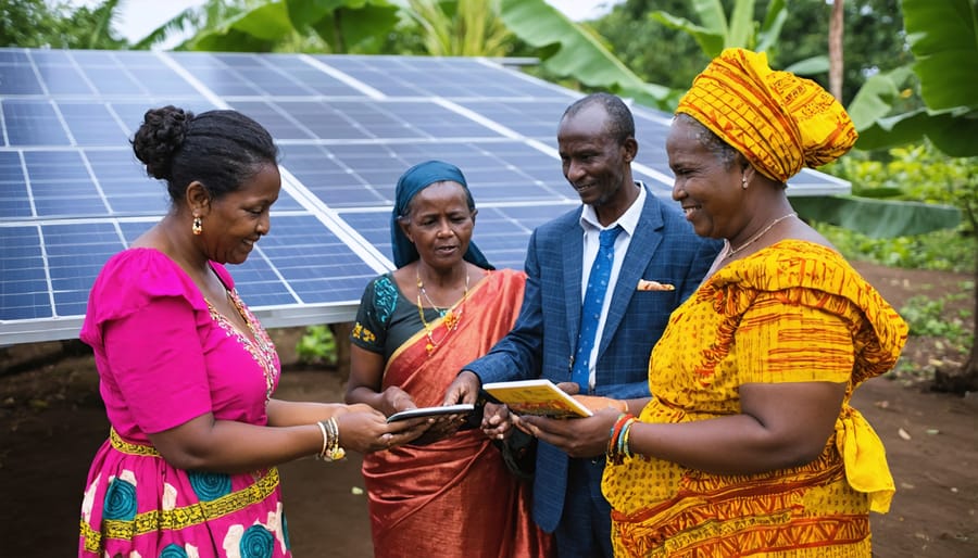 Solar technicians and local community members in traditional clothing discussing solar panel placement