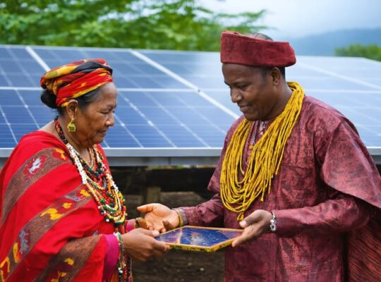 A community gathering showing residents in traditional clothing discussing solar panel implementation with energy professionals, symbolizing cultural integration in renewable energy projects.