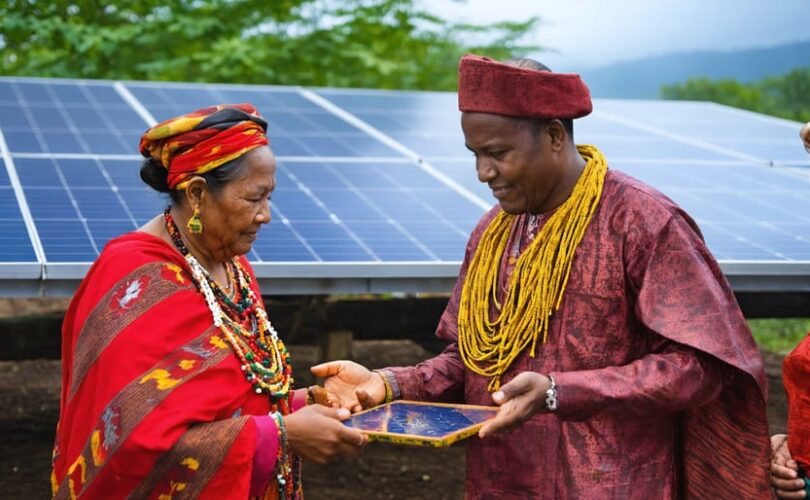 A community gathering showing residents in traditional clothing discussing solar panel implementation with energy professionals, symbolizing cultural integration in renewable energy projects.