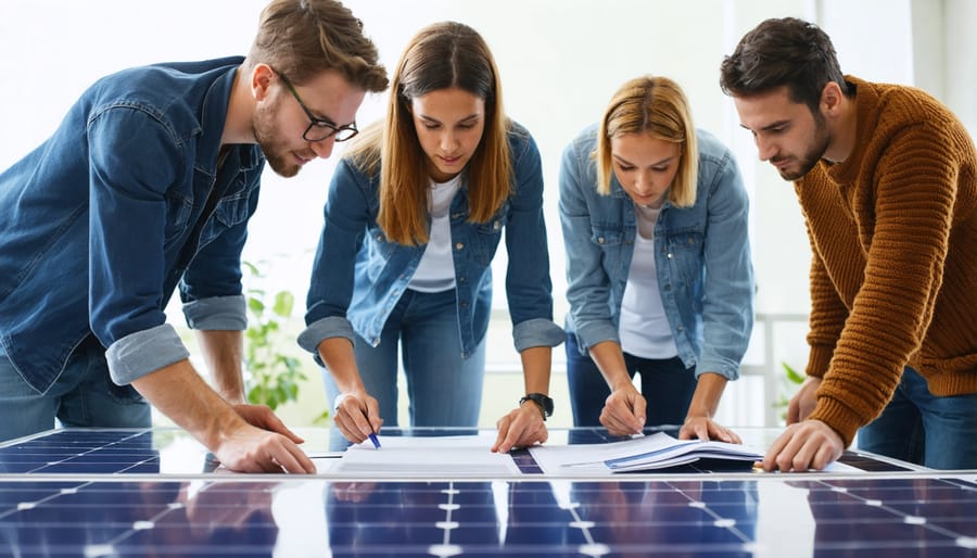 Multicultural group learning solar panel installation techniques with educational displays
