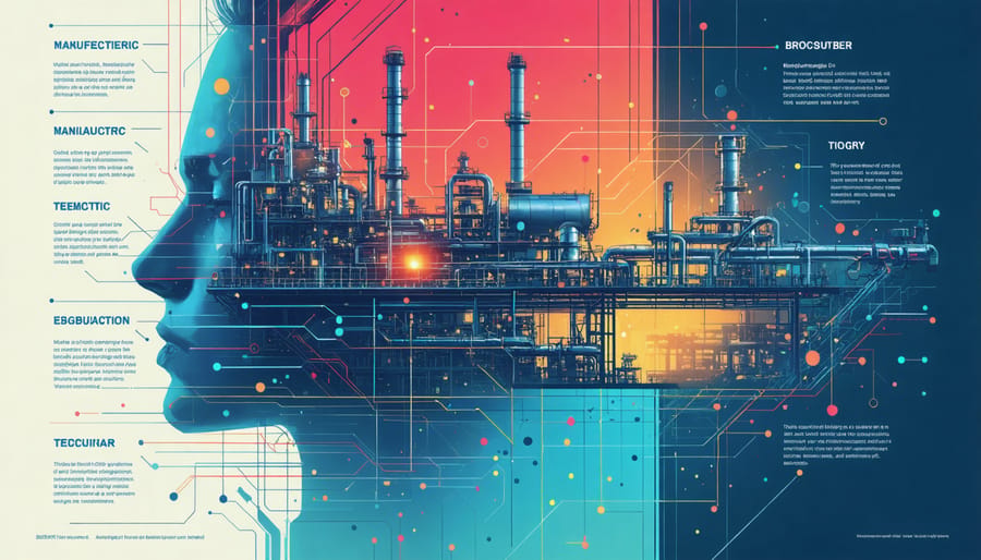 Infographic illustrating various cybersecurity threats to manufacturing systems