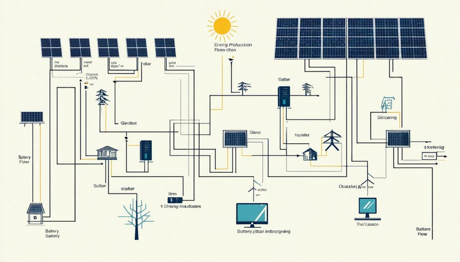 Graph showing 24-hour energy flow pattern between solar panels, battery storage, and grid