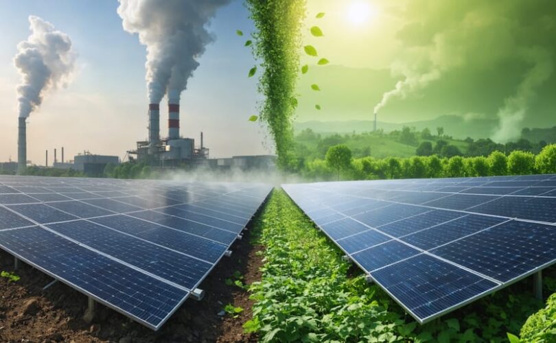 A conceptual split-screen image showing a contrast between traditional solar panel manufacturing with industrial emissions and modern eco-friendly production facilities surrounded by greenery.