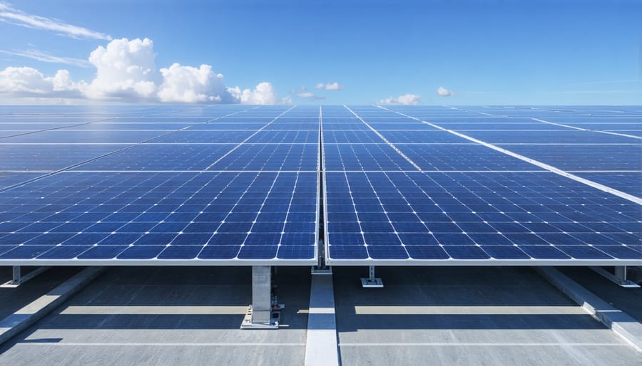 Advanced solar panel production line with robotic arms and LED lighting