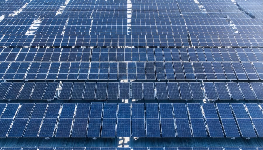 Aerial photograph showing solar panels being installed alongside existing power infrastructure