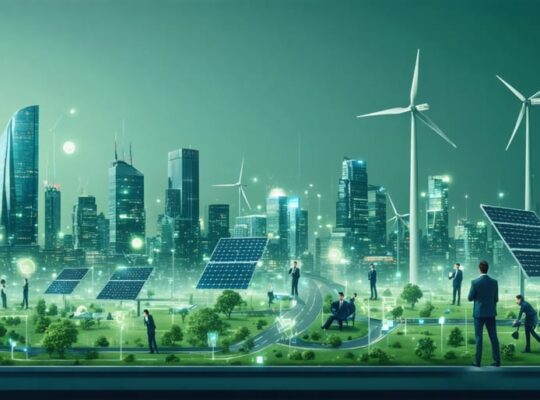 A futuristic city skyline showing solar panels, wind turbines, and smart grid technologies, alongside diverse professionals representing the clean energy workforce, symbolizing the integration of renewable energy and sustainability in tomorrow's urban landscapes.