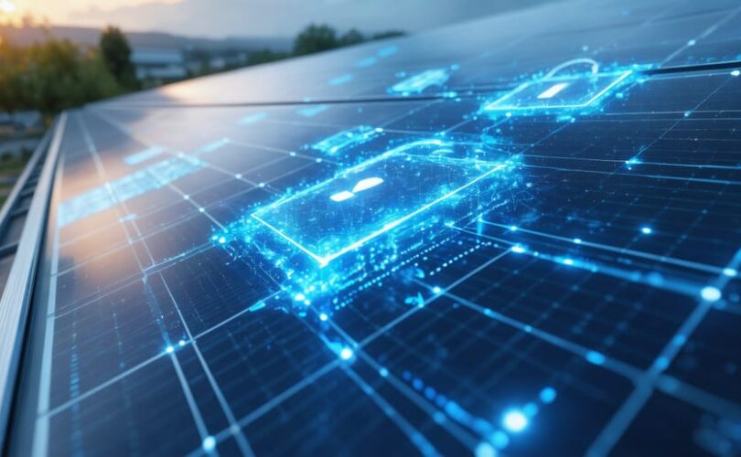 Conceptual illustration of solar photovoltaic panels protected by digital security elements, including AI-driven icons, data streams, and lock symbols demonstrating cybersecurity enhancement.