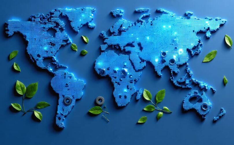 World map constructed of recycled solar panel fragments with gears, circuits, and green leaves, symbolizing global cooperation and innovation in solar panel recycling initiatives.