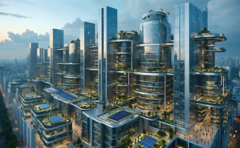 Conceptual illustration of a futuristic city skyline featuring high-rise buildings with integrated solar panels and gravity storage systems, depicting the fusion of architecture and renewable energy technologies.