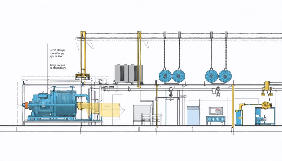 Cross-sectional diagram of a building-integrated gravity storage system showing weights, pulleys, and power generation components