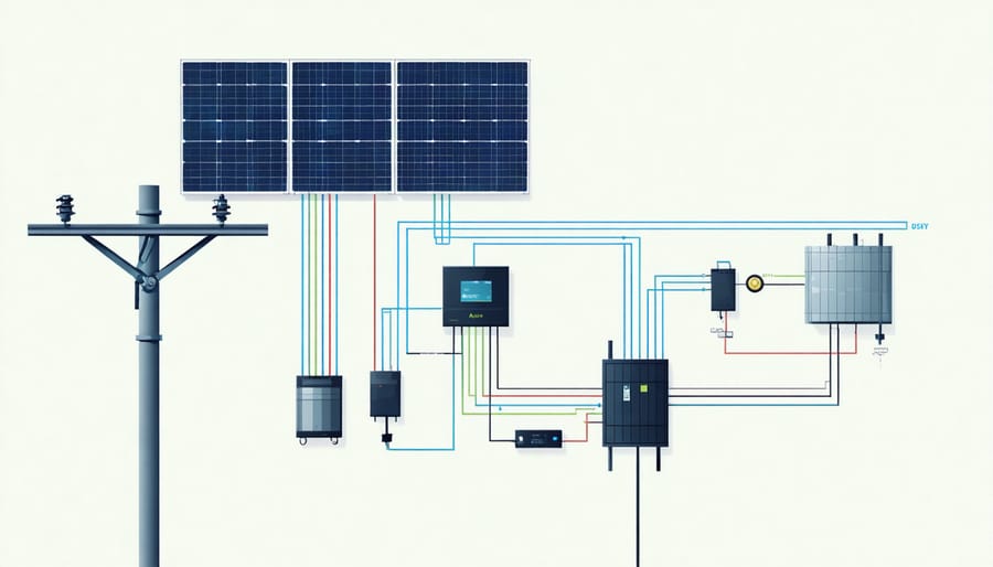 Technical diagram illustrating components and connections in a grid-connected solar system with battery storage