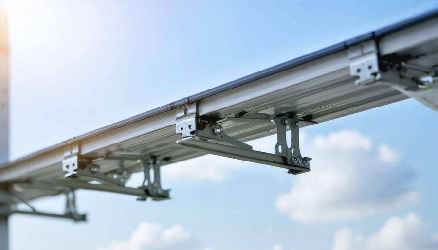 Detailed view of hurricane-resistant solar panel mounting hardware and reinforcement features