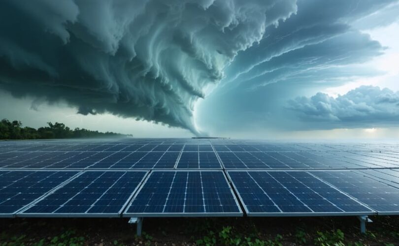 A dynamic image showing hurricane-resistant solar panels with advanced mounting systems and arrows illustrating wind dynamics against a backdrop of forming storm clouds.