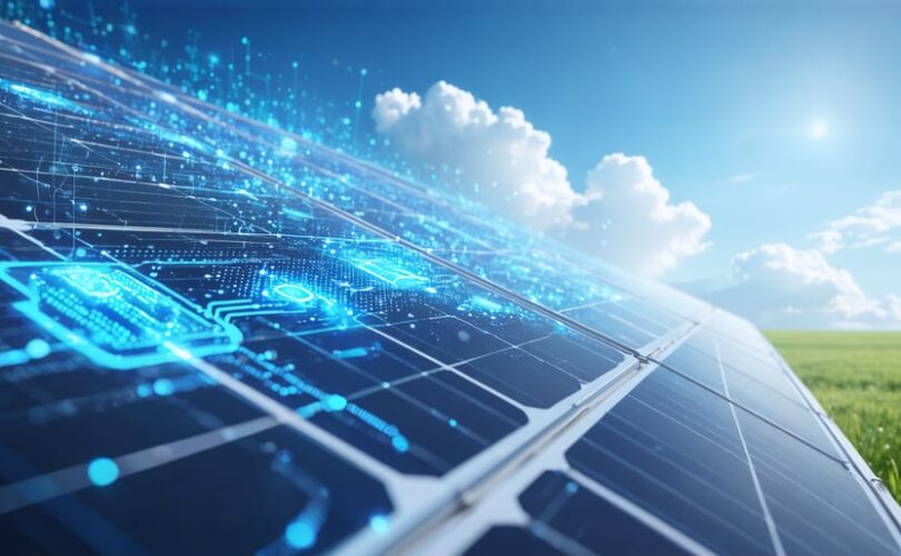 Futuristic dual-layer solar panel depicting advanced technologies such as AI optimization and energy storage, set against a bright sky with digital data streams representing efficiency improvements.