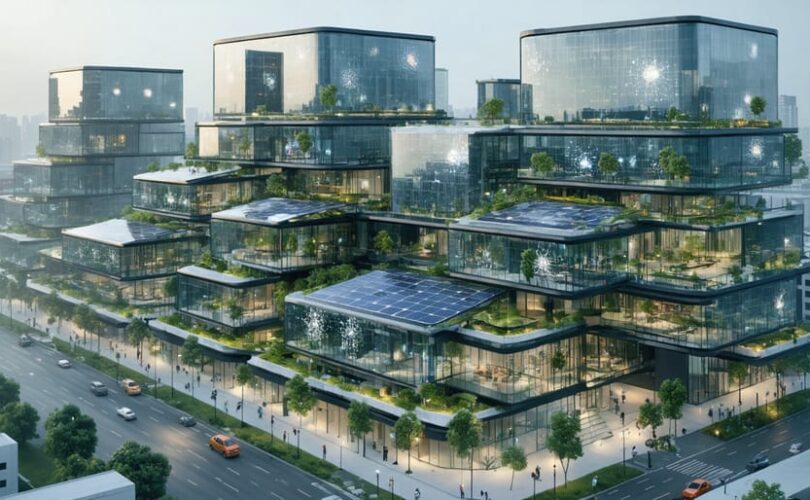 A futuristic city skyline showcasing buildings with integrated solar technologies, such as solar panels embedded in facades and roofing, demonstrating sustainable architectural design through BIPV implementation.