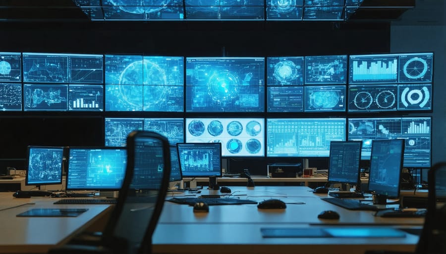 Industrial cybersecurity monitoring center with multiple display screens and security personnel