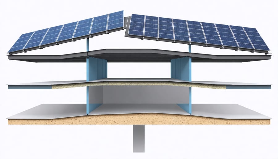 Technical diagram illustrating the structural components of metal roof solar panel integration