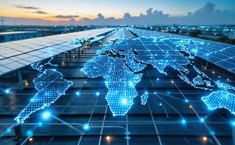 Conceptual image showing interconnected digital nodes with AI, IoT, and blockchain technology, alongside solar panels and global shipping routes, illustrating the transformation of the solar PV manufacturing supply chain.