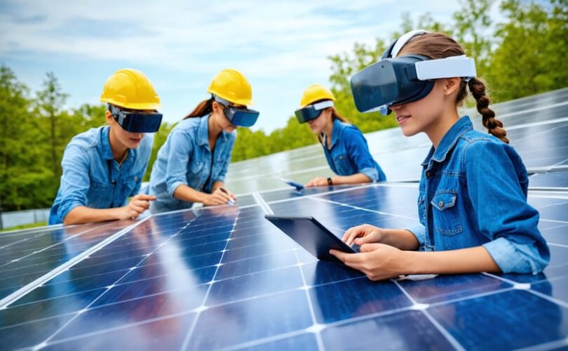 Students engaged in a hybrid learning setting where they interact with solar panels and technology like VR headsets, reflecting modern solar PV training methods.