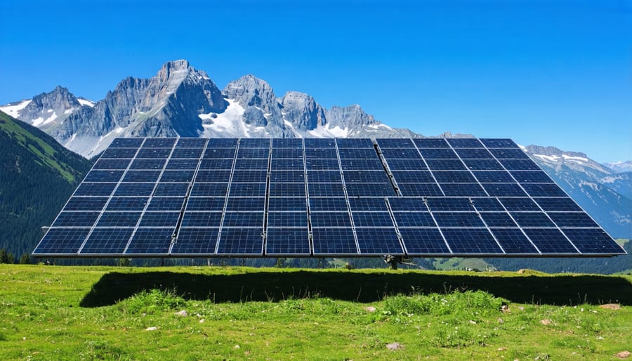 Solar panel array installed on mountain slope with snow-capped peaks in background