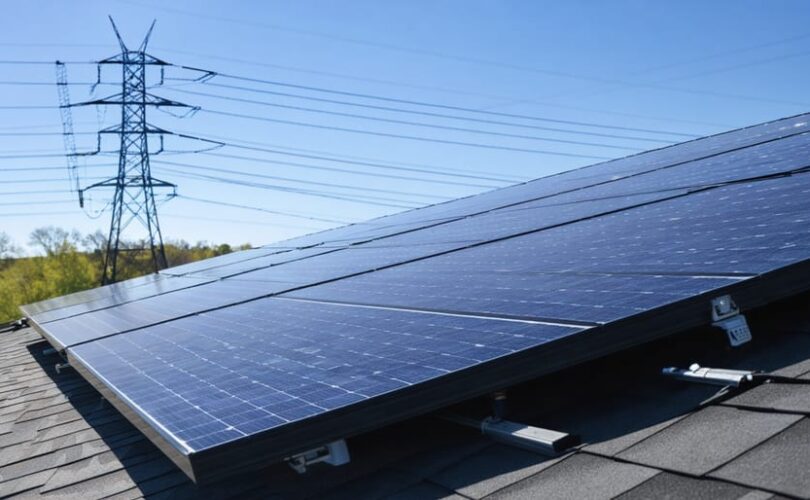 A rooftop equipped with solar panels connected to JCP&L's utility grid, set against a backdrop reminiscent of New Jersey's landscape, illustrating the integration of clean energy initiatives.