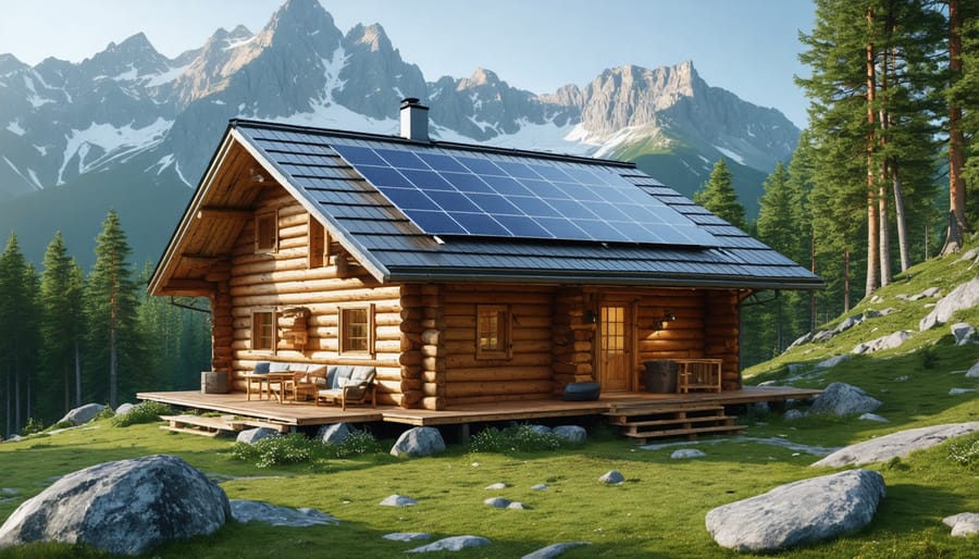 Off-grid cabin in natural setting with roof-mounted eco-friendly solar installation