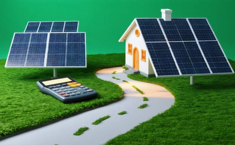 Conceptual image illustrating Pay-As-You-Go solar financing with solar panels, a smartphone, and an illuminated path from a home, symbolizing smart financing and the journey to sustainable energy.