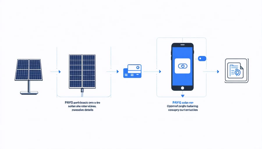 Pay-as-you-go solar payment system diagram showing payment flow from mobile device to solar system activation